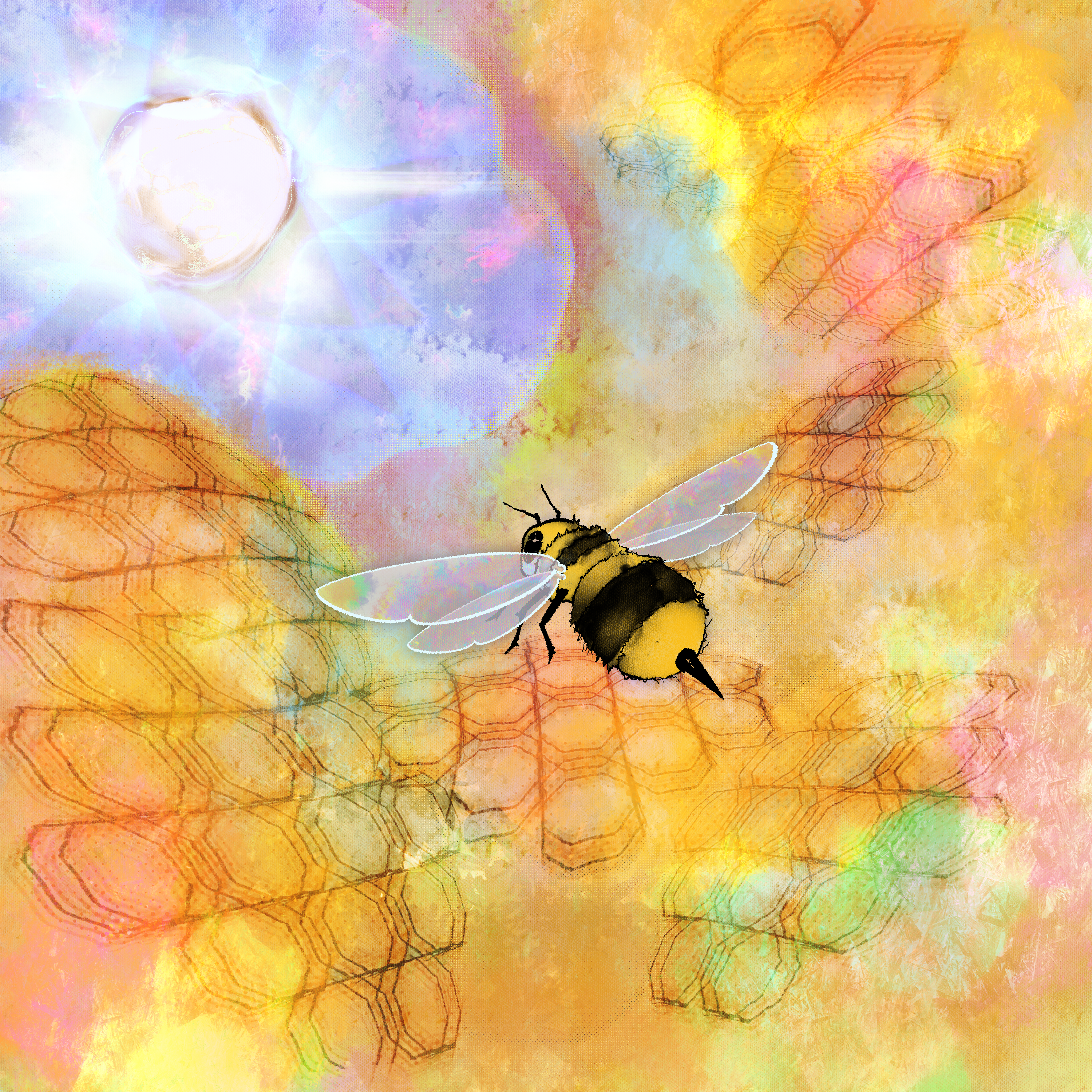 Vibrantly colored depiction of a bumble bee flying out of a honeycomb towards the sun